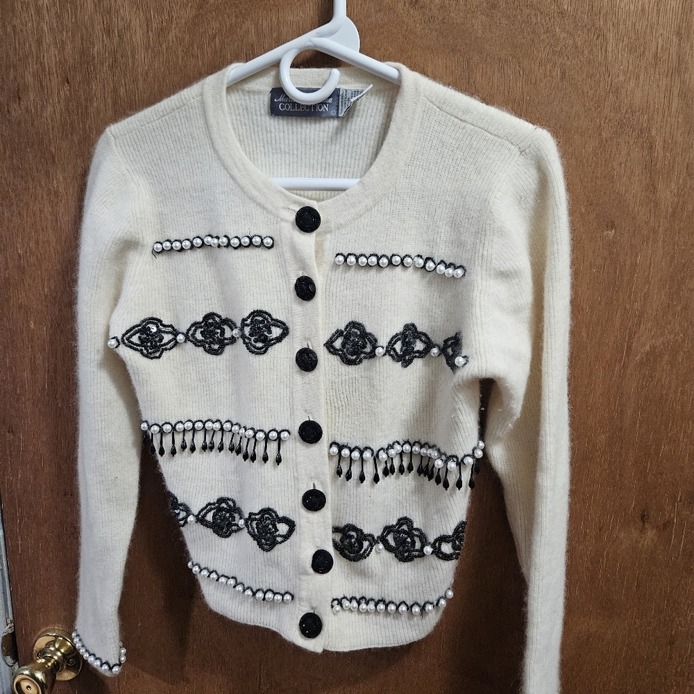 Collection  Cream Cardigan with Black Bead & Embroidery Accents Hand Wash